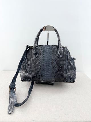 Snakeskin Patterned Medium Leather Satchel Handbag with Long Strap Gray Blue