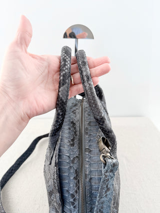 Snakeskin Patterned Medium Leather Satchel Handbag with Long Strap Gray Blue