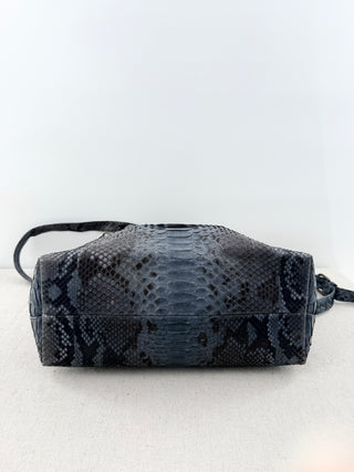 Snakeskin Patterned Medium Leather Satchel Handbag with Long Strap Gray Blue