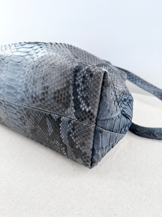 Snakeskin Patterned Medium Leather Satchel Handbag with Long Strap Gray Blue