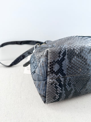 Snakeskin Patterned Medium Leather Satchel Handbag with Long Strap Gray Blue