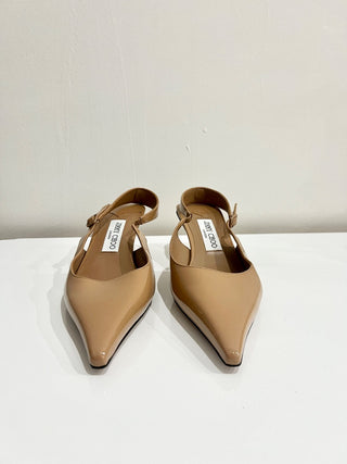 NWOB Jimmy Choo Amel 50 Patent Leather Sling Back Pumps Biscuit Women's Size 39
