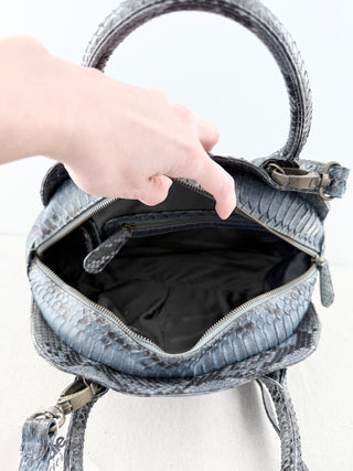 Snakeskin Patterned Medium Leather Satchel Handbag with Long Strap Gray Blue