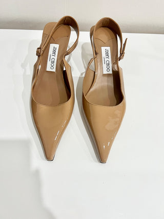 NWOB Jimmy Choo Amel 50 Patent Leather Sling Back Pumps Biscuit Women's Size 39
