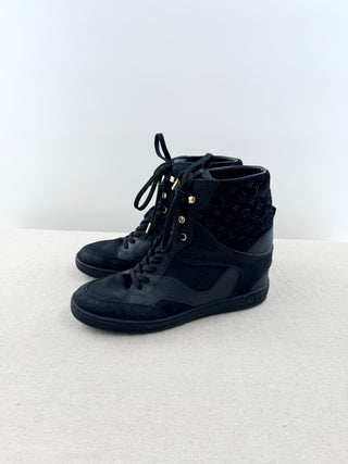 Louis Vuitton suede and leather cliff high top wedge sneaker booties s, 38.5