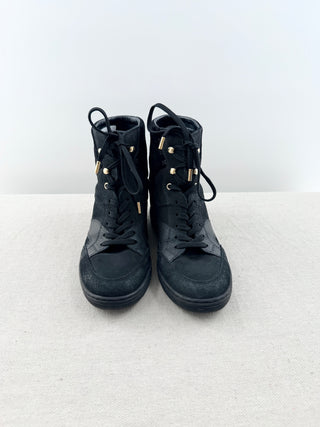 Louis Vuitton suede and leather cliff high top wedge sneaker booties s, 38.5