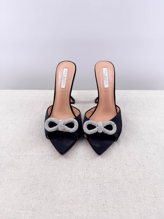 Tony Bianco satin rhinestone bow slides, 8.5