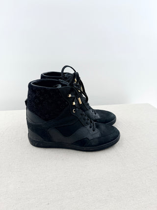Louis Vuitton suede and leather cliff high top wedge sneaker booties s, 38.5