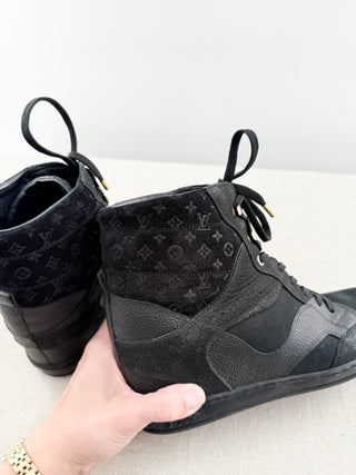 Louis Vuitton suede and leather cliff high top wedge sneaker booties s, 38.5