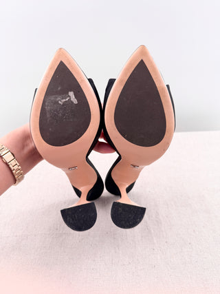Tony Bianco satin rhinestone bow slides, 8.5