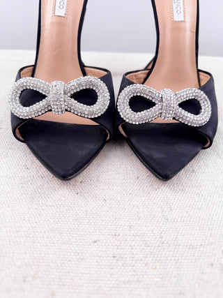 Tony Bianco satin rhinestone bow slides, 8.5