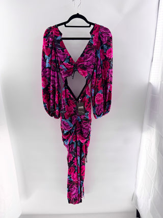 For Love & Lemons Scarlett Floral Balloon Sleeve Cut-Out Slit Midi Dress Pink XS