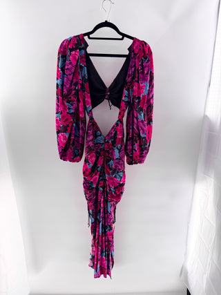 For Love & Lemons Scarlett Floral Balloon Sleeve Cut-Out Slit Midi Dress Pink XS