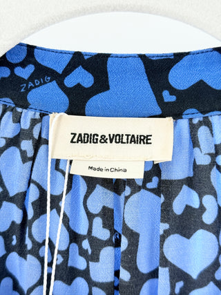 Zadig & Voltaire 100% Silk Heart Print Long Sleeve Blouse Blue Womens Small