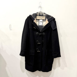 Burberry Brit Wool Blend Finsdale Hooded Duffle Coat with Hood Black Women's L