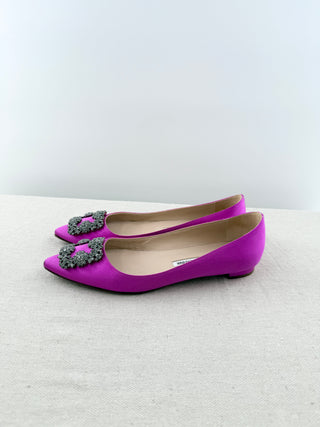 Manolo Blahnik hangisflat satin flat shoes with crystal square buckle, 39