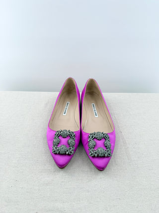 Manolo Blahnik hangisflat satin flat shoes with crystal square buckle, 39