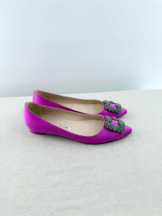 Manolo Blahnik hangisflat satin flat shoes with crystal square buckle, 39