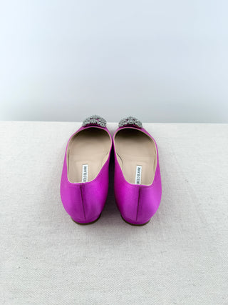 Manolo Blahnik hangisflat satin flat shoes with crystal square buckle, 39