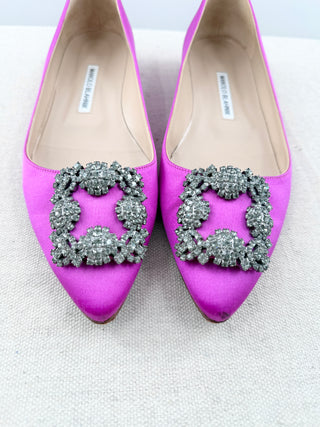 Manolo Blahnik hangisflat satin flat shoes with crystal square buckle, 39