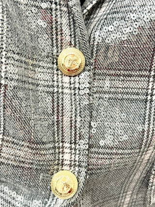 NWT Retrofete Enid Sequin Notch Lapel Single Breasted Blazer Grey Plaid Womens S