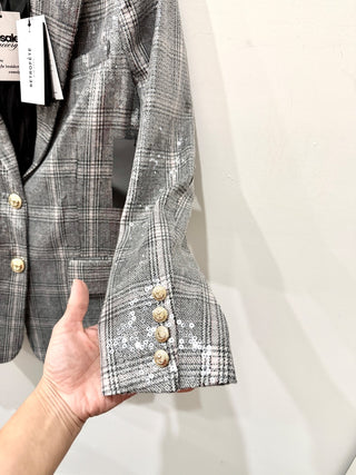 NWT Retrofete Enid Sequin Notch Lapel Single Breasted Blazer Grey Plaid Womens S