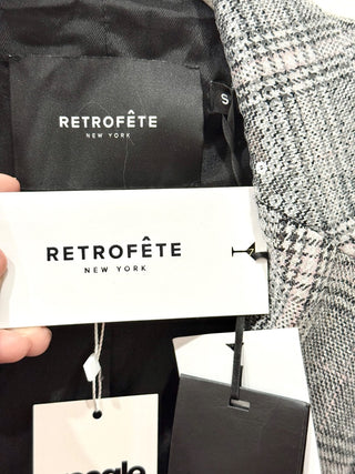 NWT Retrofete Enid Sequin Notch Lapel Single Breasted Blazer Grey Plaid Womens S