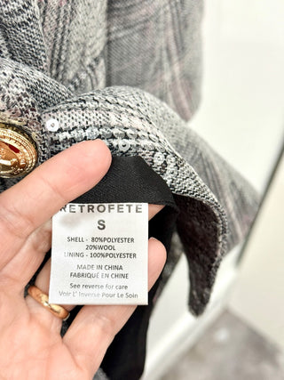 NWT Retrofete Enid Sequin Notch Lapel Single Breasted Blazer Grey Plaid Womens S