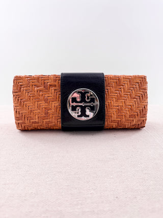 Tory Burch wicker and leather clutch bag with logo