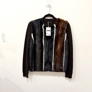 Fendi Wool Mink Fur Paneled Zip Front Sweater Brown/Black Women's 38 IT / US 2