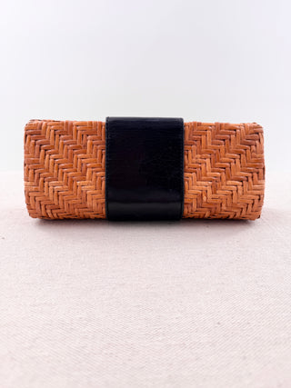 Tory Burch wicker and leather clutch bag with logo