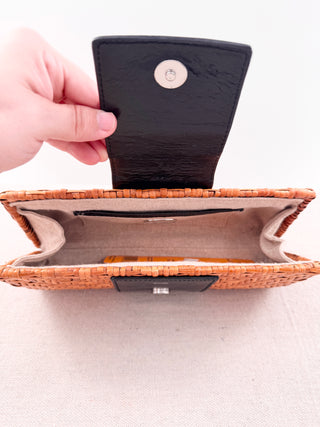 Tory Burch wicker and leather clutch bag with logo