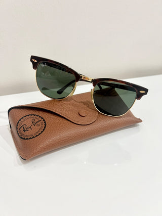 Ray Ban RB 3016 Clubmaster Classic Polished Tortoise On Gold Green Square Sunglasses