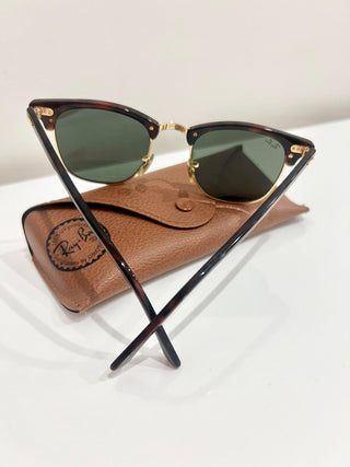 Ray Ban RB 3016 Clubmaster Classic Polished Tortoise On Gold Green Square Sunglasses