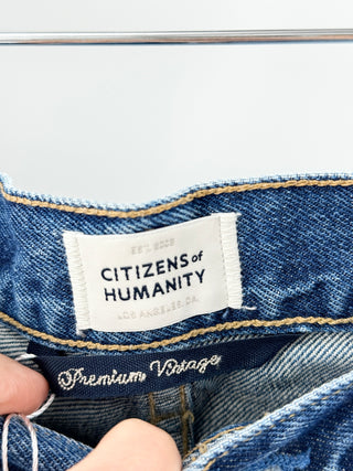 Citizens of Humanity premium vintage denim jeans featuring high-rise fit, relaxed straight-leg fit, and distressed detailing, 25