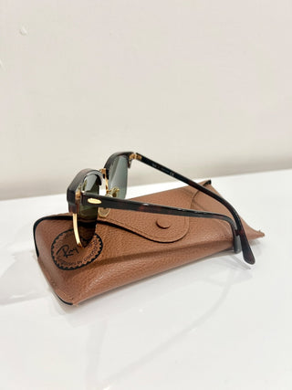 Ray Ban RB 3016 Clubmaster Classic Polished Tortoise On Gold Green Square Sunglasses