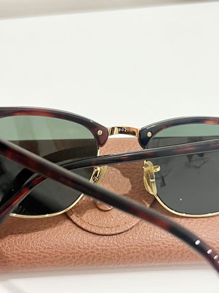 Ray Ban RB 3016 Clubmaster Classic Polished Tortoise On Gold Green Square Sunglasses