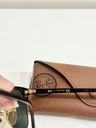 Ray Ban RB 3016 Clubmaster Classic Polished Tortoise On Gold Green Square Sunglasses