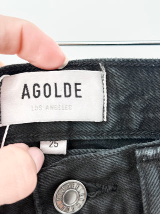Agolde high-rise denim mini skirt featuring structured fit and zip front, 25