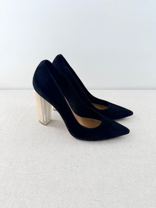 Tory Burch Suede Wood & Acrylic Block Heel Court Pumps Black Women's Size 9