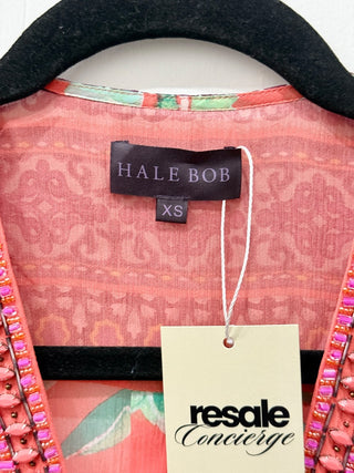 Hale Bob 100% Silk Floral Print Long Sleeve V-Neck Blouse Top Orange Women's XS