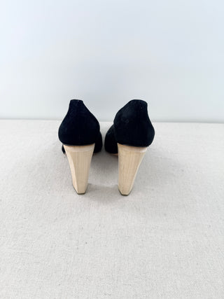 Tory Burch Suede Wood & Acrylic Block Heel Court Pumps Black Women's Size 9