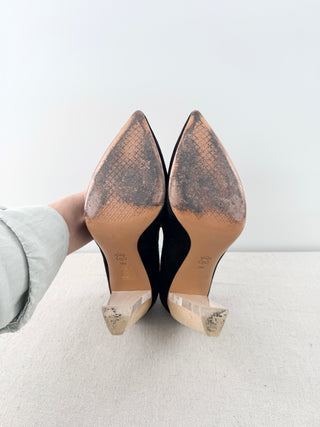 Tory Burch Suede Wood & Acrylic Block Heel Court Pumps Black Women's Size 9