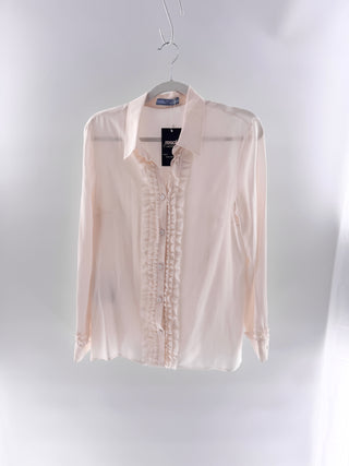 Prada 100% Silk Ruffle Trim Long Sleeve Button-Down Shirt Cream Women's Size 46