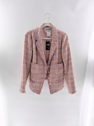 CHANEL Cotton-Blend Notch Lapel Tweed Blazer Pastel Pink & Purple FR 46 / US 14
