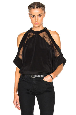 IRO Mya 3/4 Sleeve Cold Shoulder Lace Trim Blouse Top Black Women's Size 38 / 4