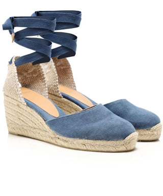 Castaner Carina Denim Espadrille Wrap Strap Wedges Sandals Blue Women's Size 10