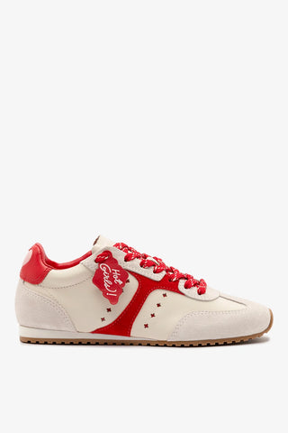 NWT Larroude Stella Amore Sneaker Ivory Leather and Scarlet Suede Women's Size 9