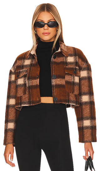Lovers + Friends Roxy Cropped Shacket Jacket Brown Plaid Women's Size Medium
