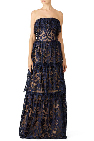 ML Monique Lhuillier Midnight Strapless Lace Tiered Evening Gown Navy Women's 0